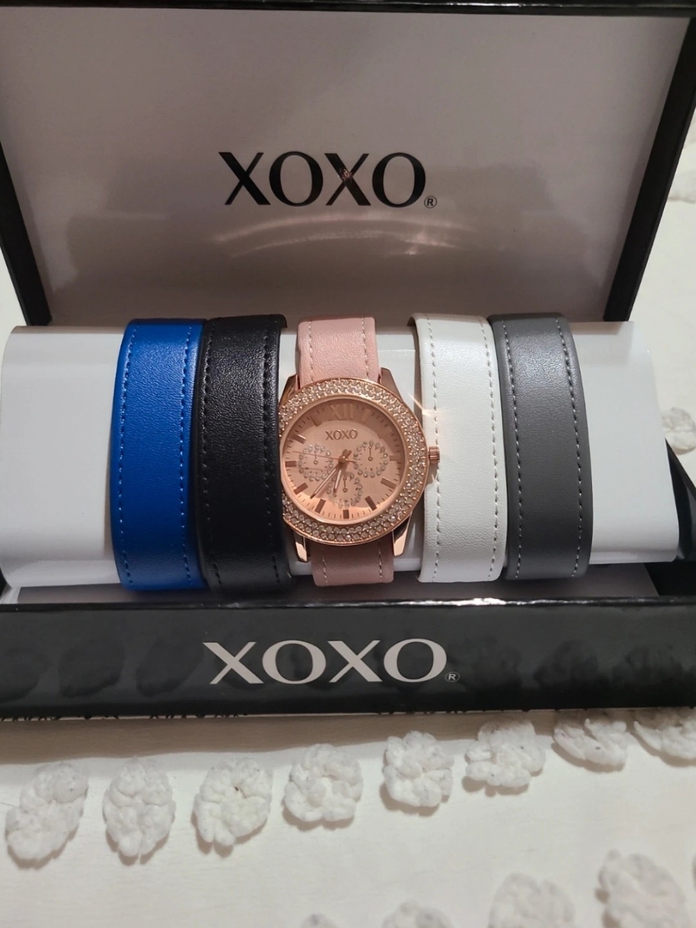 XOXO Rose Gold Watch with Pink, Blue, Black, White and Gray Straps